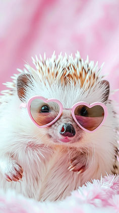 a hedgehog with heart shaped sunglasses on it's face sitting on a pink blanket