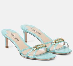 Designer Mules With Branded Insole And Square Toe, Luxury Calf Leather Mules With Square Toe, Designer Square Toe Mules With Branded Insole, Luxury Blue Mules For Summer, Luxury Blue Pointed Toe Sandals, Designer Blue Leather Heels, Luxury Blue Leather Mules, Blue Tom Ford Heels, Tom Ford Shoes