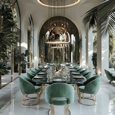 an elegant dining room with green chairs and tables