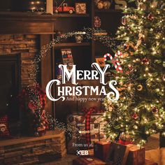 a christmas tree in front of a fireplace with presents under it and the words merry christmas and happy new year