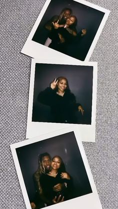 three polaroid photos of two women and one man posing for the camera with their arms around each other