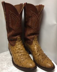 Brand: Ammons Style: Vintage Full Quill Ostrich Boots Material: Ostrich Skin/ Leather Color: Mustard/Tan Tube Height: 12 3/4" Heel Height: 1 1/2" Measurements:  11 1/2" L Toe- heel                                   4 1/4" the widest Condition: Good condition Ostrich Boots, Mens Cowboy, Boots Mens, Cowboy Western, Mens Shoes Boots, Western Cowboy Boots, Western Boots, Style Vintage, Shoes Mens