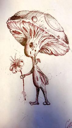 a drawing of a mushroom with a person holding a flower in it's hand