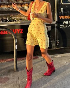 All Posts • Instagram Kendall Jenner Western Outfit, 90’s Summer Outfits, Casual Sundress Outfit, Red And Yellow Outfit, Dresses With Cowboy Boots, Texas Fashion, Red Cowboy Boots, Beach Holiday Dresses