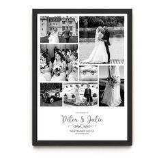 a black and white wedding photo collage with the words peter & julia on it