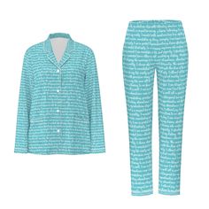 Immerse yourself in the tranquil embrace of affirmations on your sleepwear With our mastering manifestations  aqua color pajama set  this Enchanting pajama set Envelops you with positive affirmations for manifesting your dreams. Affirmations for Mastering manifestation itself aligning yourself  with the powerful journey of mastering the art of manifesting your personal desires. With  these luxurious pajamas  you get to be the master of your experience, living on purpose, creating the life you want to live with pure positive intentions these pajamas become your sanctuary and a intentional reminder to embrace the art of manifesting.  Experience this gentle yet Powerful law of attraction tool every night when you wrap your body in a cocoon of empowerment . The imitation silk pajamas set uses Blue Letter Print Sleepwear For Loungewear, Blue Cotton Sleepwear With Letter Print, Dreams Affirmations, Luxurious Pajamas, Silk Pajamas Set, Positive Intentions, Bedtime Ritual, Silk Pajama Set, Aqua Turquoise