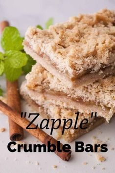 some food is stacked on top of each other with the words, zapple crumble bars