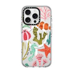 an iphone case with sea animals and corals on the back, it is clear