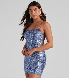 This party-ready sequin mini dress will have you sparkling all night! Featuring a sleeveless, square neck, sleek spaghetti straps, a bodycon silhouette, and a sultry open-back with lace-up and zipper closure. Complete the look in chic heels.Fit & FeaturesSleeveless, square neck, spaghetti strapsBodycon silhouetteMini-length hemOpen-back, lace-up strappy design, tie closure, zipper and hook and eye closureSequin scroll embroideryMesh-lined fabric, minimal stretchRuns true to size Mini Dress Blue, Chic Heels, Floral Dresses Short, Long Midi Dress, Glitter Dress, Dressy Dresses, Sequin Mini, Hoco Dresses, Sequin Mini Dress