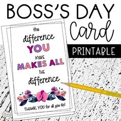 a card with the words boss's day card on it and a pencil next to it