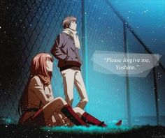 an anime scene with two people sitting on the ground and one person standing behind a fence