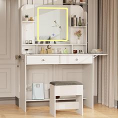 a white desk with a mirror and stool in front of it on top of a hard wood floor