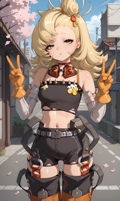 an anime character with blonde hair and black clothes holding two fingers up in the air