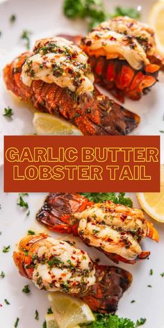 garlic butter lobster tails on a plate with lemon wedges and parsley garnish