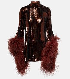 Del Rio feather-trimmed sequined minidress in red - Taller Marmo | Mytheresa Wyatt Flores, Taller Marmo, Sequined Fabric, Tulle Mini Dress, Long Sleeve Cocktail Dress, Purple Midi Dress, Extra Long Sleeves, Night Out Outfit, Ostrich Feathers