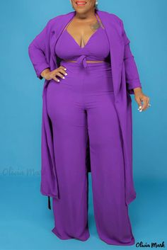 Olivia Mark - Professional Womens Plus Size Three-Piece Red Solid Color Casual Bandage V-Neck Outfit Set Fitted V-neck Solid Color Sets, Fitted Solid Color V-neck Sets, Two-piece V-neck Workwear Set, Spring Solid Color V-neck Sets, Two-piece V-neck Sets, Purple V-neck Summer Sets, Purple Fashion Casual, Outfit Plus Size, Plus Size Two Piece