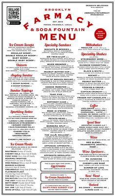 the menu for farmacy and soda fountain