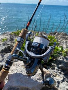 a fishing rod and reel sitting on top of a rock