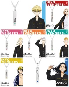 anime characters wearing different necklaces with the names of their respective characters in each language