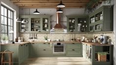 a kitchen filled with lots of green cabinets