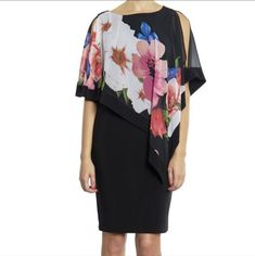 This Elegant Joseph Ribkoff Dress Redefines Eveningwear, With Its Floral Chiffon Overlay And Stretchy Underlayer. It's A Gorgeous Look For Transitioning Out Of Winter And Into Spring, And Works For Numerous Occasions. 52% Polyester, 48% Polyester (Recycled) No Pockets No Zipper Our Model Is 5'9"/175 Cm And Wears A Size 6. Approximate Length (Size 12): 40" - 102 Cm. This Dress Easily Stretches From 17-22" Pit To Pit And Is Approximately 32" Length. Note: The Print On This Dress Is The Print In Th Summer Chiffon Dress With Overlay, Spring Chiffon Dress With Overlay, Black Chiffon Dress For Spring, Spring Black Chiffon Dress, Elegant Multicolor Chiffon Dress For Spring, Elegant Multicolor Chiffon Dress For Party, Chic Black Georgette Dress, Elegant Black Floral Print Chiffon Dress, Fitted Black Chiffon Dress With Floral Print