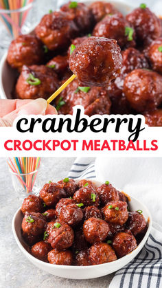 cranberry crockpot meatballs in a white bowl with the title above it