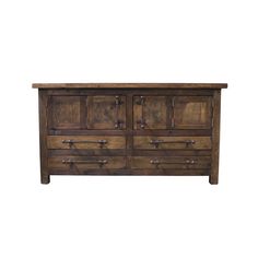 an old wooden dresser with drawers and knobs on the doors, against a white background