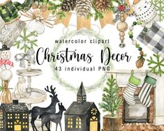 watercolor clipart christmas decor with deer, snowman and house on fire place