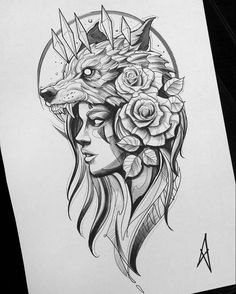 a drawing of a woman's face with roses on her head and a wolf in the background