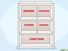 the kitchen is labeled in red on this white bookcase with four separate sections for each room