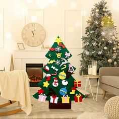 a decorated christmas tree in the middle of a living room