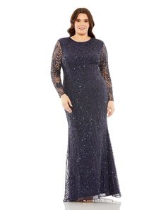 Glamour meets grace in our plus-size Long Sleeve Mesh Embellished Gown. Featuring elegant mesh and intricate embellishments, this gown is perfect for special occasion events. Mac Duggal Embellished mesh fabric (100% polyester) Fully lined through skirt; unlined sheer sleeves High neckline Small sweeping train Back zipper Long sheer sleeves Approx. 62.5" from top of shoulder to bottom hem Available in Midnight Style #93881 Fall Wedding Embellished Evening Dress, Festive Long Sleeve Gala Evening Dress, Glamorous Long Sleeve Festive Evening Dress, Formal Long Sleeve Sequin Evening Dress, Festive Long Sleeve Embellished Evening Dress, Embellished Long Sleeve Evening Dress, Maxi Dresses Fall, Bride Groom Dress, Vestido Plus Size