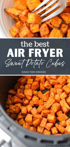 the best air fryer sweet potato cubes in a pan with a fork inside