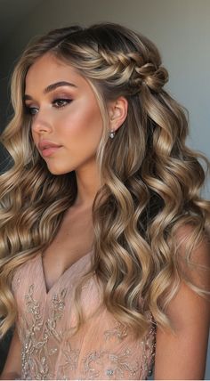 11 Unique Prom Hair Ideas for Every Dress Curled Hair Ideas Prom, Hair Styles For Evening Dress, Hairstyles With A Braid And Curls, Half Up Braided Wedding Hairstyles, Hair Inspo Bridesmaid, Medium Length Gala Hair Styles, Wedding Hairstyle For Natural Curly Hair Half Up Half Down, Fall Photo Hairstyles, Hair Colors 2024 Summer