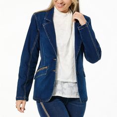 DG2 by Diane Gilman Virtual Stretch Denim Novelty Trim Blazer  No longer made for business-only attire, this casual-chic denim blazer is a seasonal wardrobe chameleon. Paired with your favorite jeans and a fitted graphic tee or a pretty party dress and sexy sandals, this must-have topper with novelty chain-designed trim is head of its class. Tailored Denim Blazer, Notch Lapel Denim Blue Blazer For Work, Denim Blue Notch Lapel Blazer For Work, Denim Blue Notch Lapel Blazer, Fitted Denim Outerwear For Business Casual, Fitted Denim Blazer For Business Casual, Denim Notch Lapel Outerwear For Business Casual, Dark Wash Denim Blazer For Workwear, Business Casual Denim Outerwear With Notch Lapel