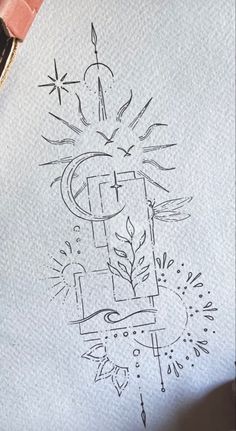 a drawing on paper with a candle and some stars in the sky above it,