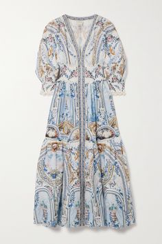 Camilla's maxi dress has been handmade in Australia from airy linen and decorated with the brand's 'Season of the Siren' print, which features delicate florals framed by mosaic archways. It's shirred at the waist and blouson sleeves and falls to a flowing tiered hem. Complement the deep V-neckline with a pendant. Camilla Clothing, Modesty Matters, Fun Dresses, Sunday Dress, Silk Maxi, Linen Maxi Dress, Beauty Clothes, Silk Maxi Dress, Wild Flower