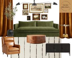 a living room with green couches and pictures on the wall above it, along with other furniture