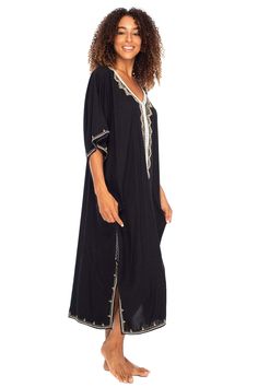 Add a tribal twist to your beach time in this black and gold summer maxi swimwear cover up. Zigzag embroidery adds a spicy accent to this long beach caftan, with a casual vacation vibe and a loose flowy fit that works beautifully on plus sizes. It offers great sun coverage, and is so easy to wear for cruises, lounging, vacation or relaxing days at the beach. Back From Bali is dedicated to creating beautiful, quality clothing with a heart. All of our items are crafted, sewn and painted by hand in Long Beach Cover Up, Grey Swimsuit, Beach Poncho, Beach Caftan, Duster Dress, Beach Tunic, Shrug For Dresses, Make Waves, Bathing Suit Covers