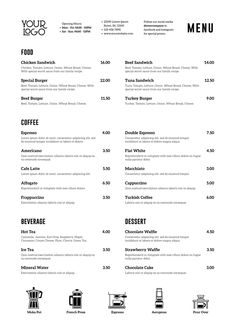 a menu for a restaurant with different types of food and drinks on the front page