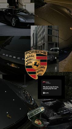 there are many different cars parked in this collage, including one black car and the other red