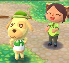 an animal crossing game with a person standing next to a dog and another animal in the background