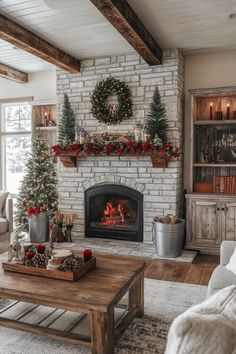 a living room filled with furniture and a fire place in front of a christmas tree