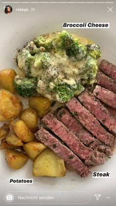 a white plate topped with steak, potatoes and broccoli covered in cream sauce