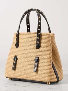 ALAÏA Mina 16 micro eyelet-embellished leather-trimmed raffia tote Designer Natural Straw Bag With Gold-tone Hardware, Designer Straw Bag With Gold-tone Hardware, Luxury Natural Straw Bag With Gold-tone Hardware, Luxury Straw Bag With Leather Trim And Top Handle, Luxury Straw Bags With Gold-tone Hardware, Luxury Summer Bag With Leather Trim, Luxury Straw Bag With Gold-tone Hardware, Luxury Straw Bag With Leather Trim, Designer Summer Bags With Leather Trim