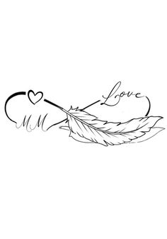 a black and white drawing of a feather with the word love written in cursive writing