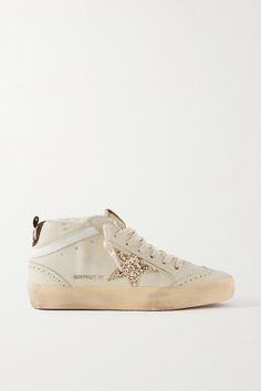 EXCLUSIVE AT NET-A-PORTER. This version of Golden Goose's 'Superstar' high-top sneakers is made from leather and lined in fluffy shearling. Lightly distressed to give them that signature worn-in look, they're set on comfortable rubber soles and feature a glitter star at the side. Mid Star Golden Goose, Golden Goose Boots, Golden Goose Mid Star, Golden Goose Superstar, Preppy Shoes, Golden Goose Sneakers, Shoe Inspo, Golden Goose Shoes, Golden Goose Deluxe Brand