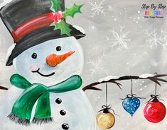 a painting of a snowman wearing a hat and scarf with ornaments hanging from a tree