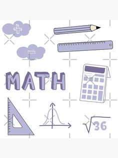 the word math is surrounded by school supplies and pencils, ruler, and calculator