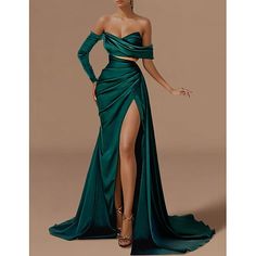 Silhouette:Mermaid / Trumpet; Hemline / Train:Floor Length; Closure:Zipper UP; Built-In Bra:No; Embellishment:Ruched,Slit; Fabric:Satin; Sleeve Length:Long Sleeve; Tips:Colors may vary slightly due to different monitor settings,Professional dry cleaner only; Boning:No; Style:Sexy,High Split; Occasion:Formal,Wedding Guest,Wedding Reception; Neckline:Off Shoulder; Front page:Evening Gown; Listing Date:08/02/2023; Bust:; Hips:; Hollow to Floor:; Waist: Off Shoulder Satin Dress, Emerald Green Formal Dress, Formal Wedding Reception, Dress Formal Wedding Guest, Evening Wedding Guest Dresses, Red Green Dress, Pleats Dress, Green Formal Dresses, Formal Wedding Guests